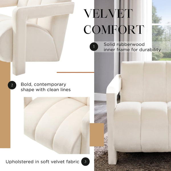 English Elm Velmor Channel Tufted Velvet Accent Chair with Wide Arms for Living Room Ivory T2574P506249