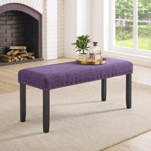 English Elm Biony Upholstered Dining Bench Linen Cotton Seat Nailhead Trim Hardwood Legs Purple T2574P506259