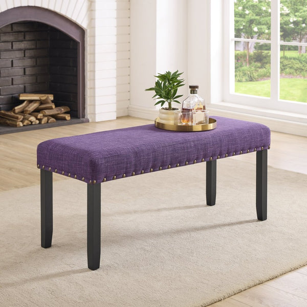 English Elm Biony Upholstered Dining Bench Linen Cotton Seat Nailhead Trim Hardwood Legs Purple T2574P506259