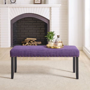 English Elm Biony Upholstered Dining Bench Linen Cotton Seat Nailhead Trim Hardwood Legs Purple T2574P506259