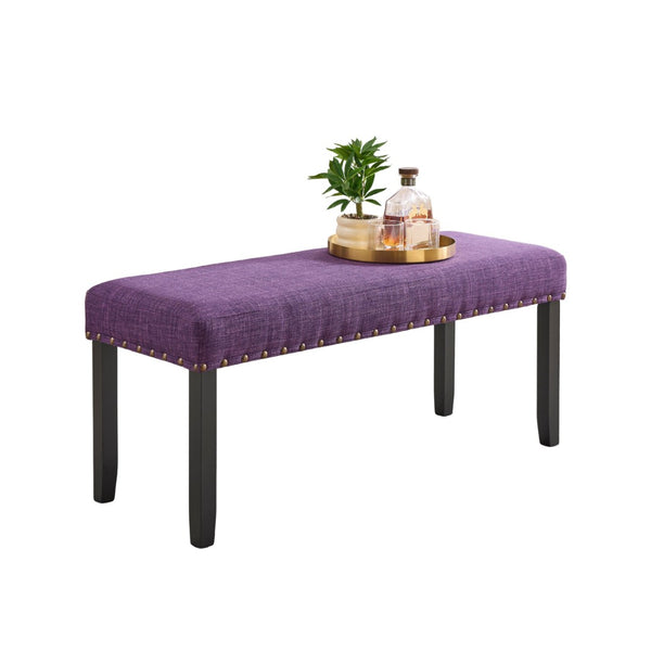 English Elm Biony Upholstered Dining Bench Linen Cotton Seat Nailhead Trim Hardwood Legs Purple T2574P506259