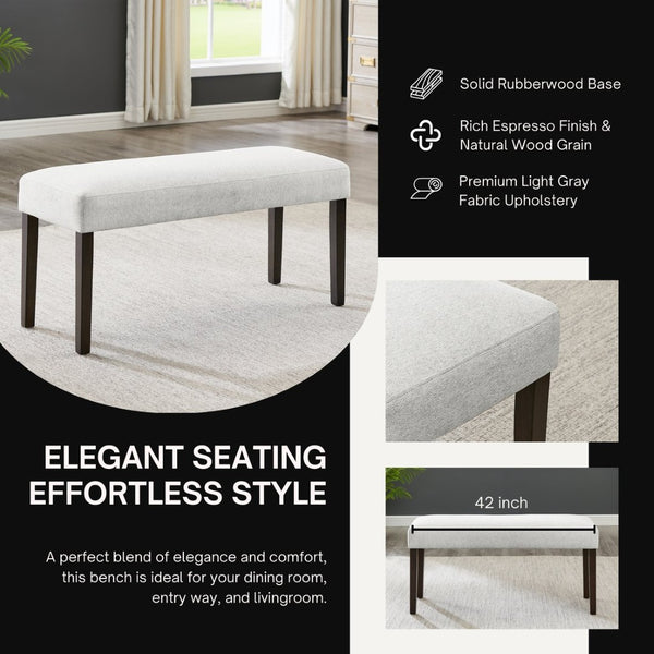 English Elm Madison Gray Cushioned Upholstered Bench with Rubberwood Legs for Dining or Bedroom T2574P507058