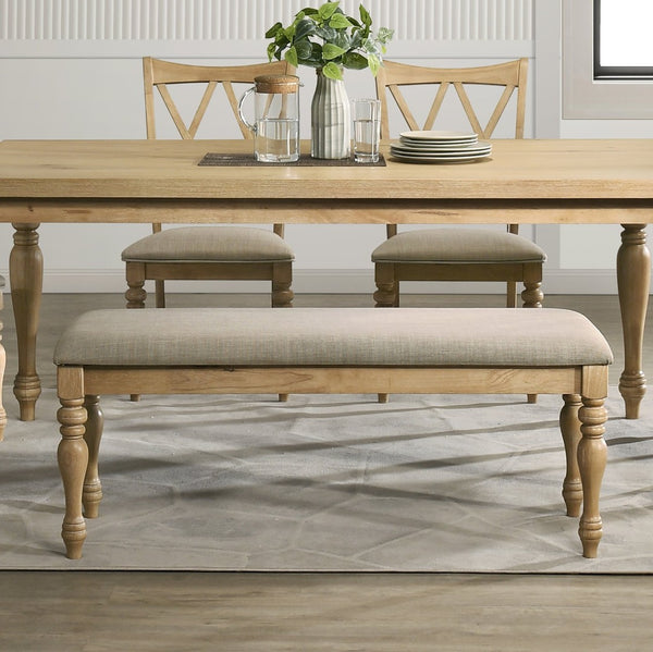 English Elm Verta Rubberwood Farmhouse Dining Bench with Turned Legs and Plush Beige Cushion T2574P507060