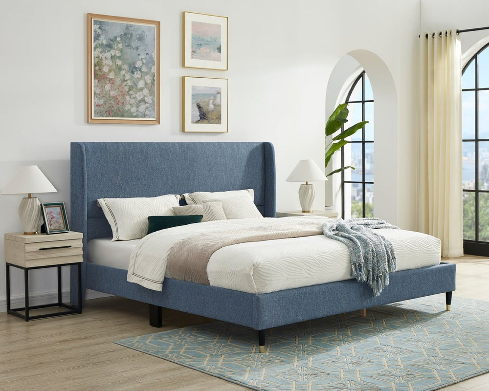 English Elm Rozitta Velvet Wingback Queen Platform Bed with Foam Padded Panels and Gold Legs Blue T2574P508551