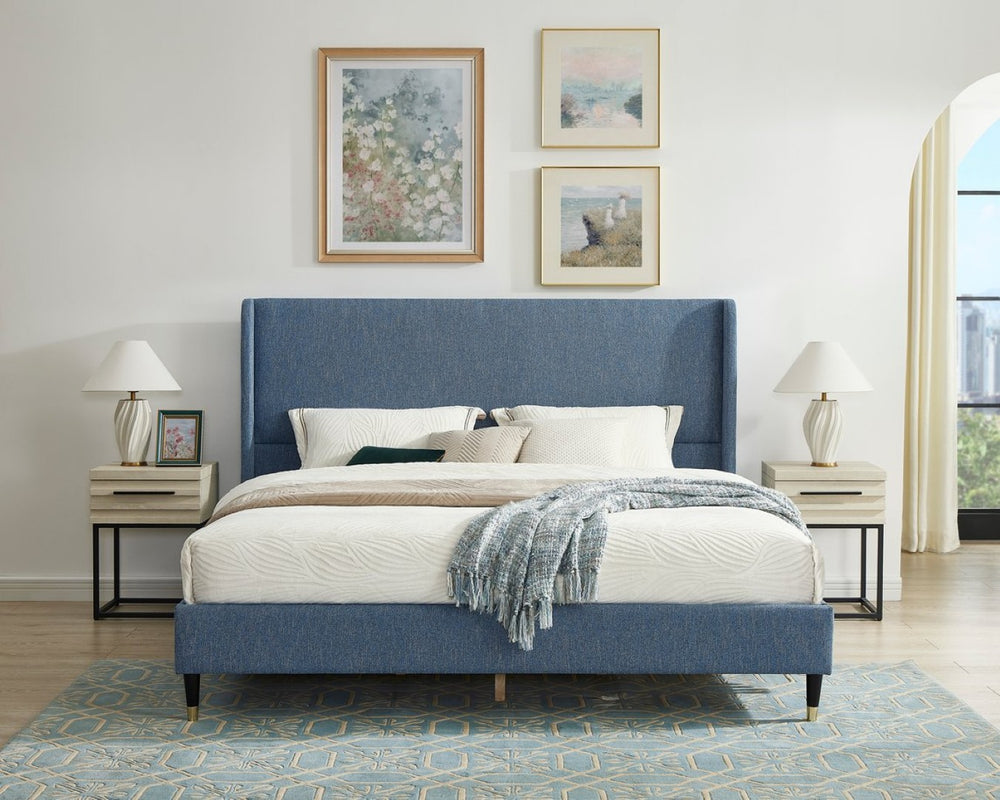 English Elm Rozitta Velvet Wingback Queen Platform Bed with Foam Padded Panels and Gold Legs Blue T2574P508551