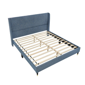 English Elm Rozitta Velvet Wingback Queen Platform Bed with Foam Padded Panels and Gold Legs Blue T2574P508551