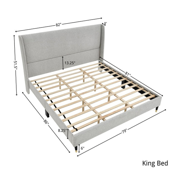 English Elm Rozitta Wingback King Platform Bed Plush Velvet Upholstered with Padded Panels Light Gray T2574P508553