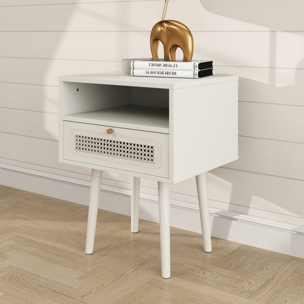 English Elm Feeney Woven Panel Nightstand with Drawer and Open Shelf for Minimalist Bedrooms T2574P509290