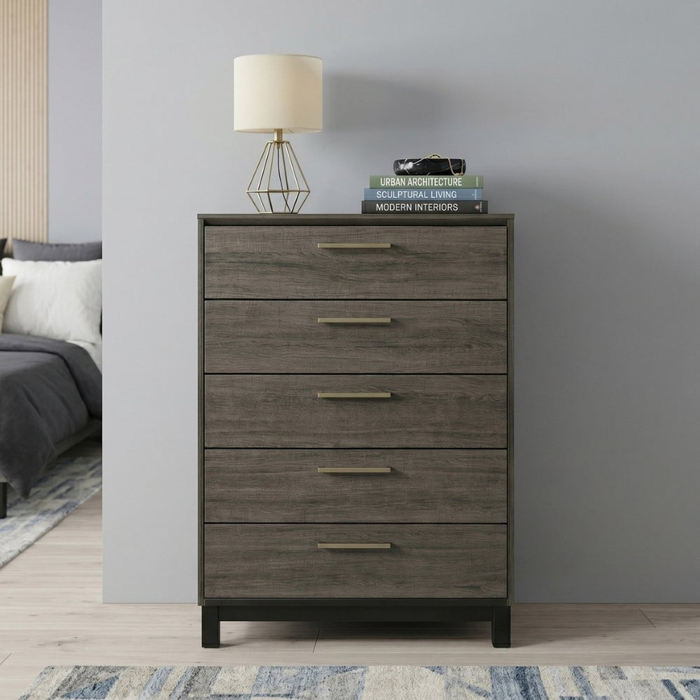 English Elm Ioana 5 Drawer Hardwood Chest Antique Grey Grain Inlay Brushed Metal Bedroom Storage T2574P509291