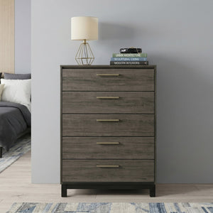 English Elm Ioana 5 Drawer Hardwood Chest Antique Grey Grain Inlay Brushed Metal Bedroom Storage T2574P509291
