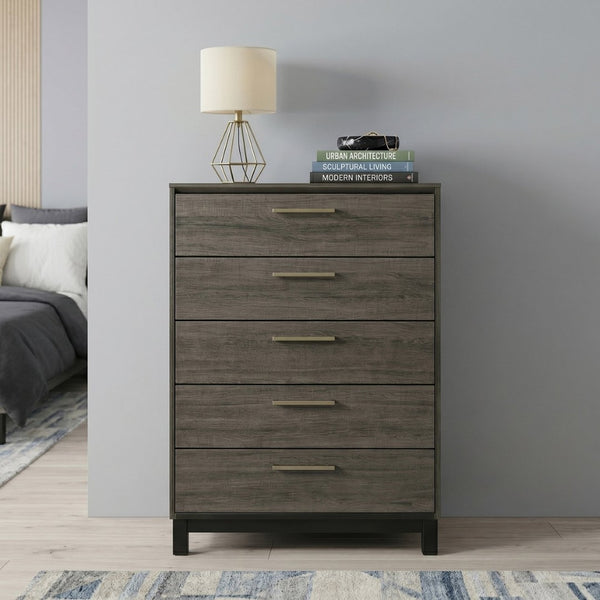 English Elm Ioana 5 Drawer Hardwood Chest Antique Grey Grain Inlay Brushed Metal Bedroom Storage T2574P509291