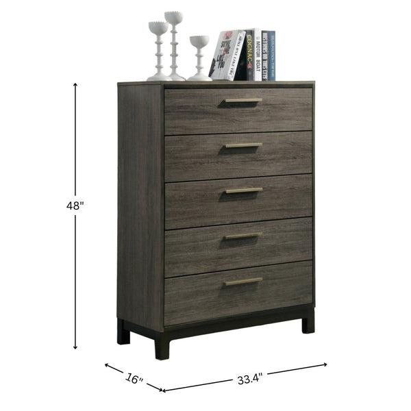 English Elm Ioana 5 Drawer Hardwood Chest Antique Grey Grain Inlay Brushed Metal Bedroom Storage T2574P509291