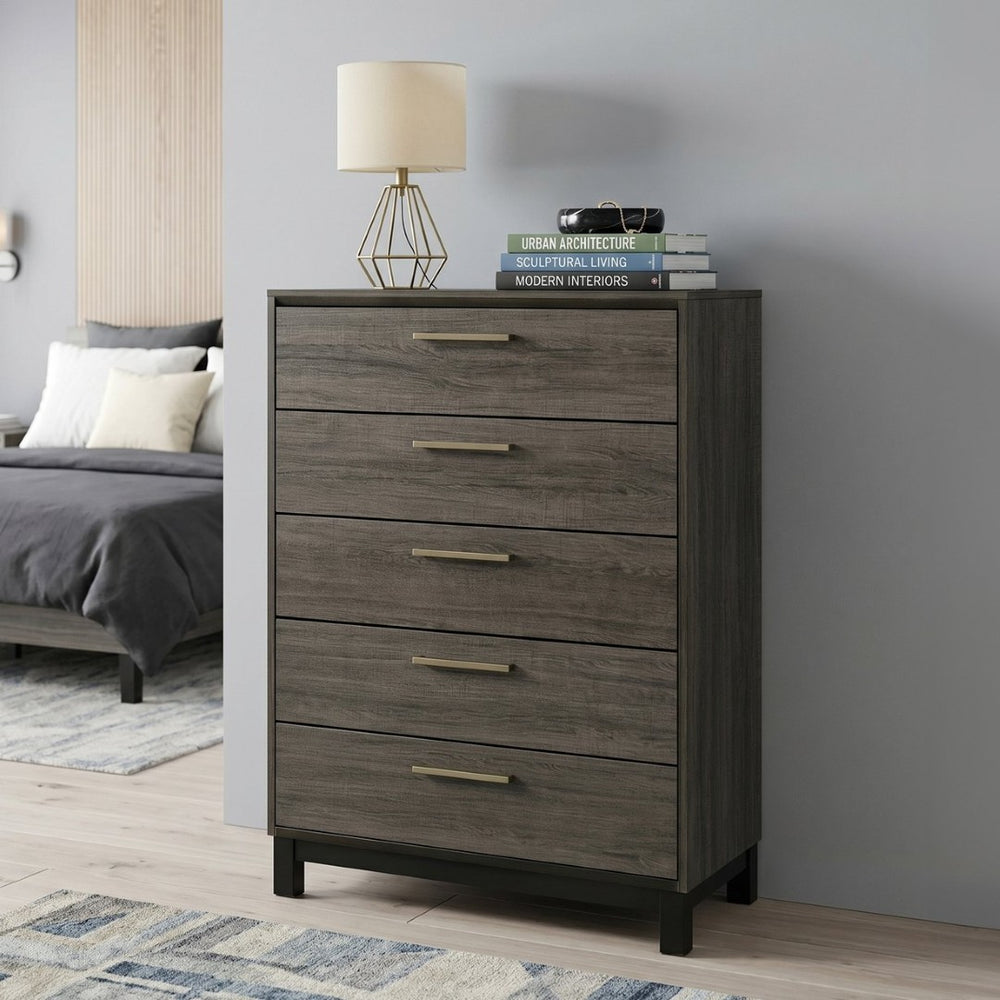 English Elm Ioana 5 Drawer Hardwood Chest Antique Grey Grain Inlay Brushed Metal Bedroom Storage T2574P509291