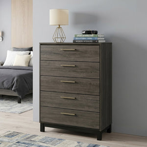 English Elm Ioana 5 Drawer Hardwood Chest Antique Grey Grain Inlay Brushed Metal Bedroom Storage T2574P509291