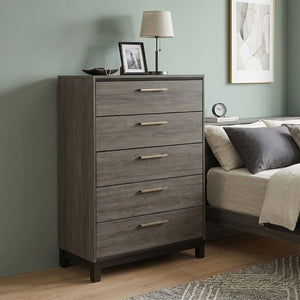 English Elm Ioana 5 Drawer Hardwood Chest Antique Grey Grain Inlay Brushed Metal Bedroom Storage T2574P509291