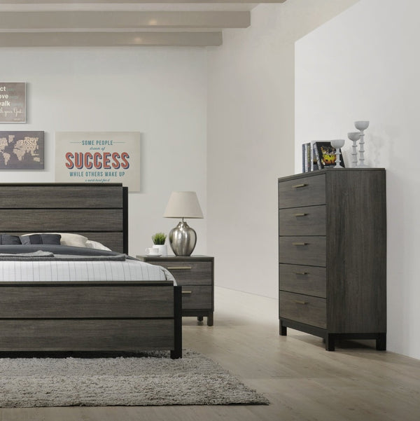 English Elm Ioana 5 Drawer Hardwood Chest Antique Grey Grain Inlay Brushed Metal Bedroom Storage T2574P509291