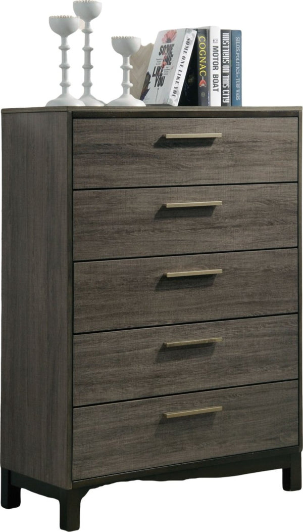 English Elm Ioana 5 Drawer Hardwood Chest Antique Grey Grain Inlay Brushed Metal Bedroom Storage T2574P509291
