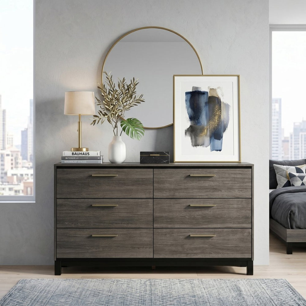 English Elm Ioana Six Drawer Rubberwood Dresser with Antique Grey Finish and Brushed Metal Pulls T2574P509292