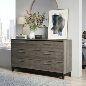 English Elm Ioana Six Drawer Rubberwood Dresser with Antique Grey Finish and Brushed Metal Pulls T2574P509292