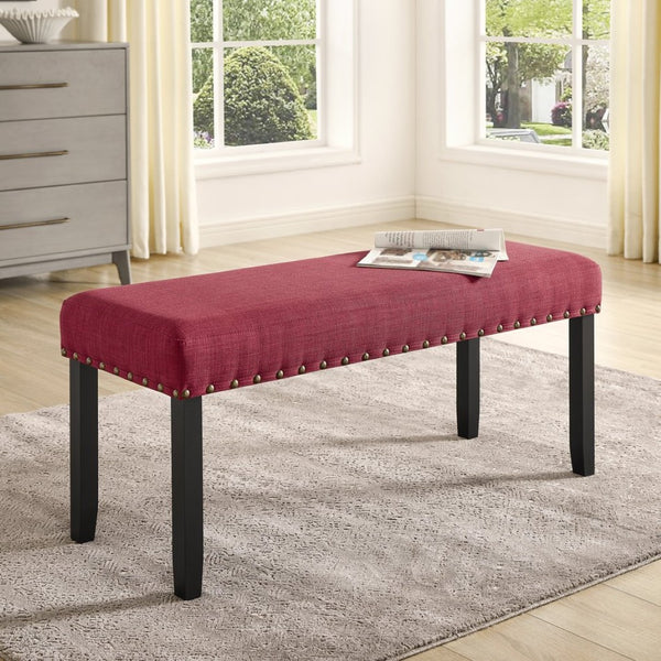 English Elm Biony Upholstered Dining Bench Linen Cotton Seat Nailhead Trim Hardwood Legs Red T2574P509814