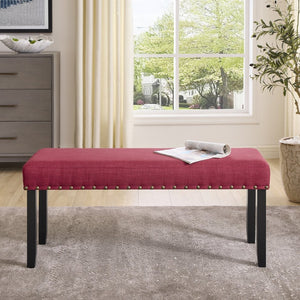 English Elm Biony Upholstered Dining Bench Linen Cotton Seat Nailhead Trim Hardwood Legs Red T2574P509814