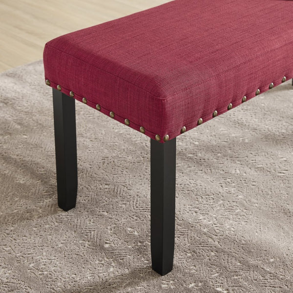 English Elm Biony Upholstered Dining Bench Linen Cotton Seat Nailhead Trim Hardwood Legs Red T2574P509814
