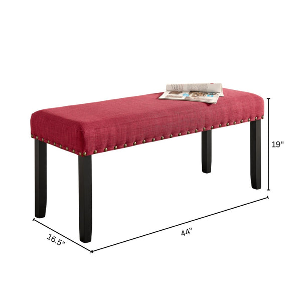 English Elm Biony Upholstered Dining Bench Linen Cotton Seat Nailhead Trim Hardwood Legs Red T2574P509814
