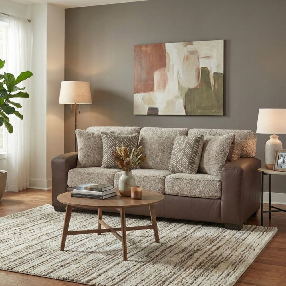 English Elm Marvella Faux Leather Sofa with Shearling Cushions and Herringbone Accent Pillows T2574P510115