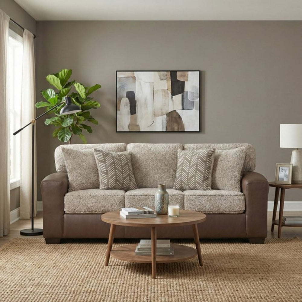 English Elm Marvella Faux Leather Sofa with Shearling Cushions and Herringbone Accent Pillows T2574P510115