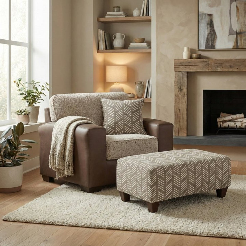 English Elm Marvella Faux Leather Chair and Ottoman Set with Sherpa Cushion for Living Rooms T2574P510116