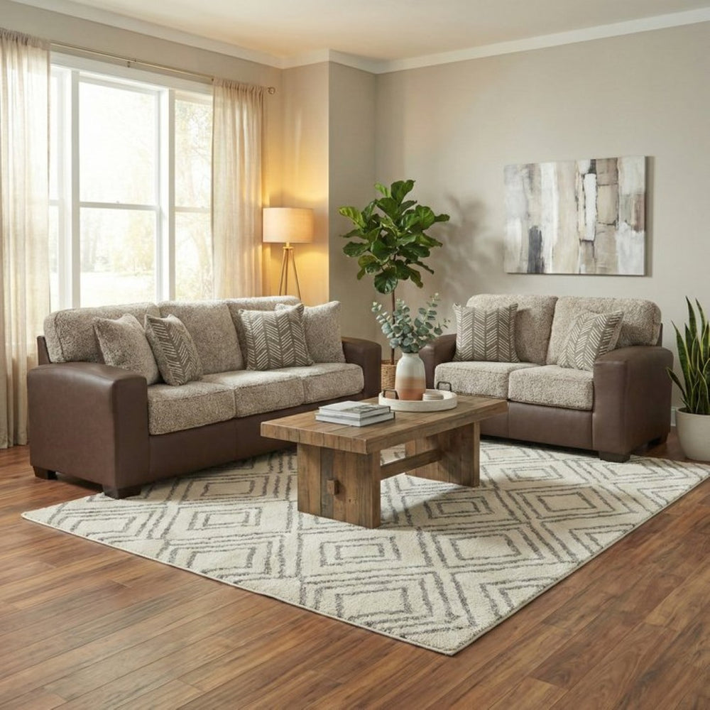 English Elm Marvella Faux Leather Sofa and Loveseat Set with Plush Sherpa Cushions for Living Room T2574P510117