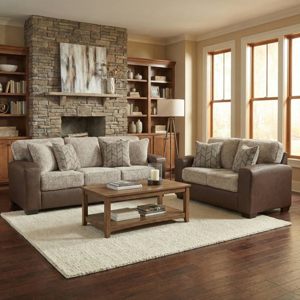 English Elm Marvella Faux Leather Sofa and Loveseat Set with Plush Sherpa Cushions for Living Room T2574P510117