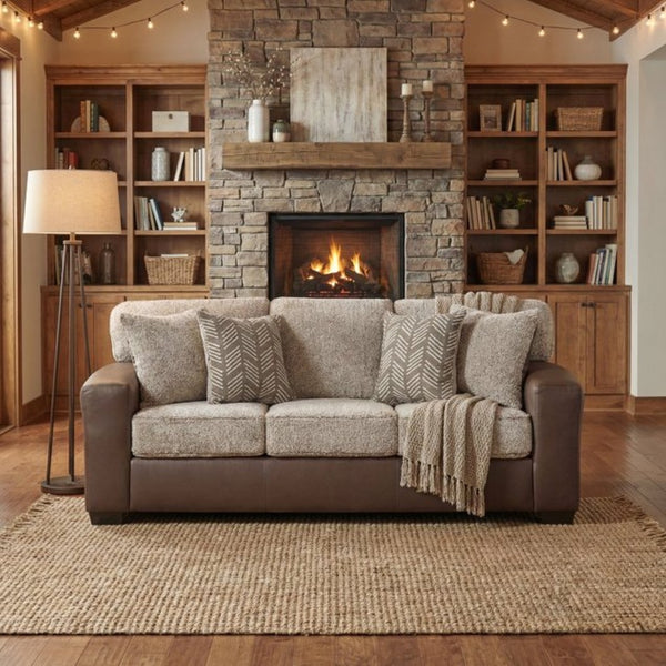 English Elm Marvella Faux Leather Sofa and Loveseat Set with Plush Sherpa Cushions for Living Room T2574P510117