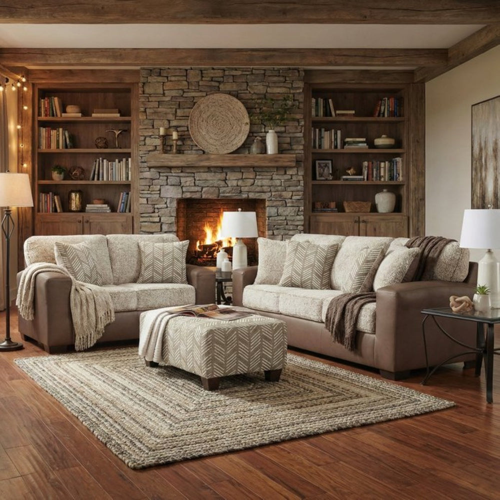 English Elm Marvella Faux Leather and Sherpa 3 Piece Sofa Set with Ottoman for Farmhouse Living T2574P510118