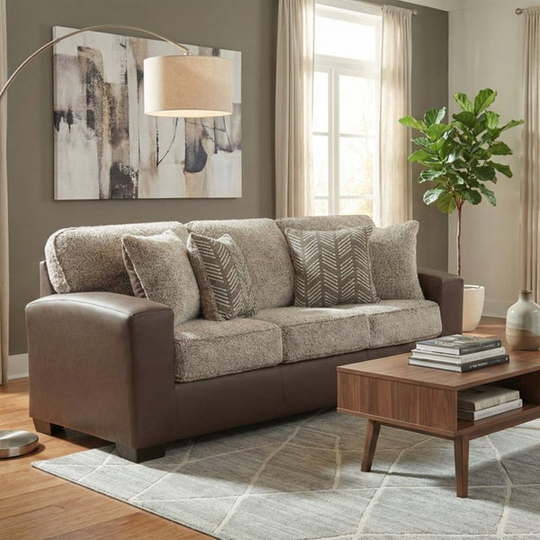English Elm Marvella Faux Leather and Sherpa 3 Piece Sofa Set with Ottoman for Farmhouse Living T2574P510118