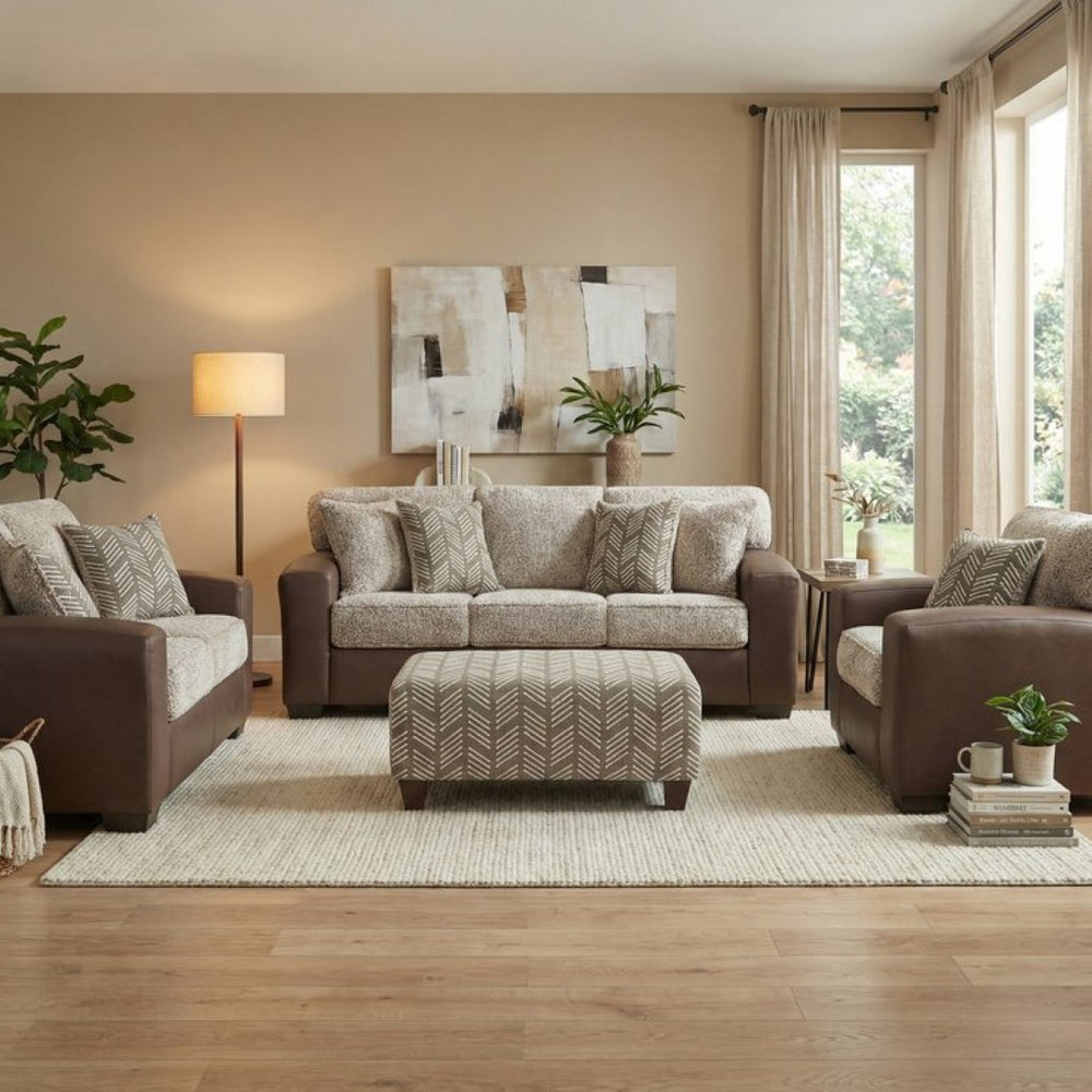 English Elm Marvella Four Piece Living Room Set Faux Leather Sherpa Sofa Loveseat Chair Ottoman T2574P510119