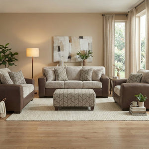 English Elm Marvella Four Piece Living Room Set Faux Leather Sherpa Sofa Loveseat Chair Ottoman T2574P510119