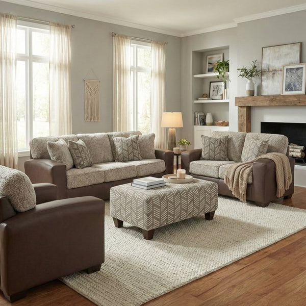 English Elm Marvella Four Piece Living Room Set Faux Leather Sherpa Sofa Loveseat Chair Ottoman T2574P510119