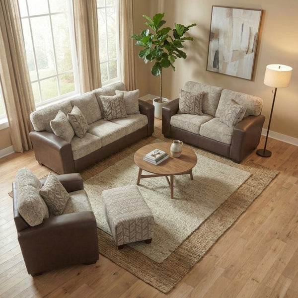 English Elm Marvella Four Piece Living Room Set Faux Leather Sherpa Sofa Loveseat Chair Ottoman T2574P510119