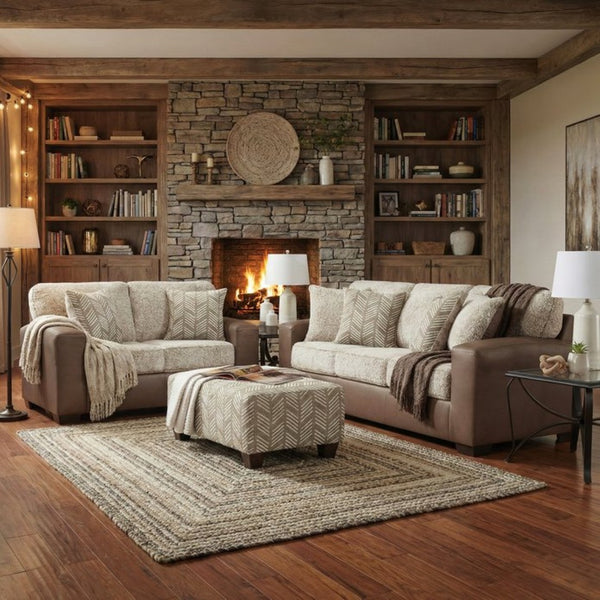 English Elm Marvella Four Piece Living Room Set Faux Leather Sherpa Sofa Loveseat Chair Ottoman T2574P510119