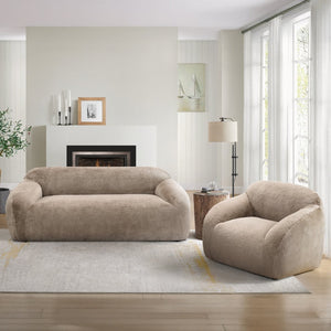 English Elm Adell Faux Fur Sofa and Swivel Cuddle Chair Set Plush Sculptural Living Room Duo Tan T2574P510852