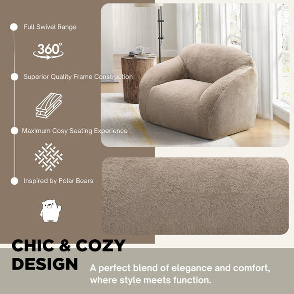 English Elm Adell Faux Fur Sofa and Swivel Cuddle Chair Set Plush Sculptural Living Room Duo Tan T2574P510852
