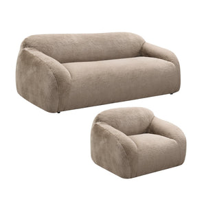 English Elm Adell Faux Fur Sofa and Swivel Cuddle Chair Set Plush Sculptural Living Room Duo Tan T2574P510852
