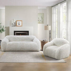 English Elm Adell Faux Fur Sofa and Swivel Cuddle Chair Set Plush Sculptural Living Room Duo White T2574P510853