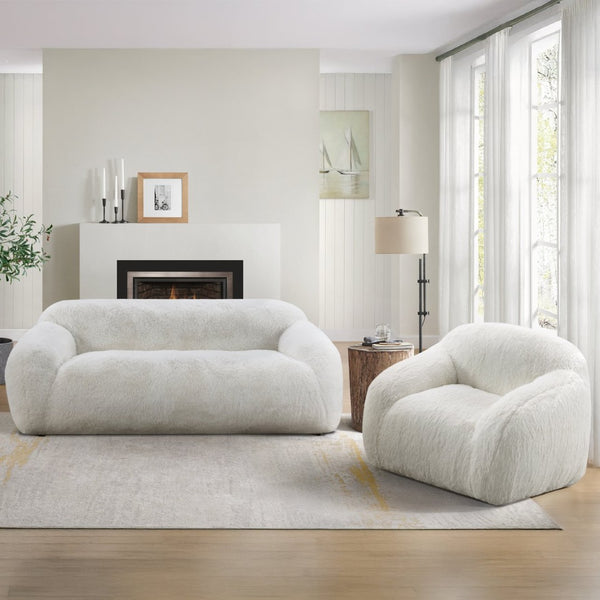 English Elm Adell Faux Fur Sofa and Swivel Cuddle Chair Set Plush Sculptural Living Room Duo White T2574P510853