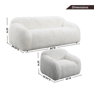 English Elm Adell Faux Fur Sofa and Swivel Cuddle Chair Set Plush Sculptural Living Room Duo White T2574P510853