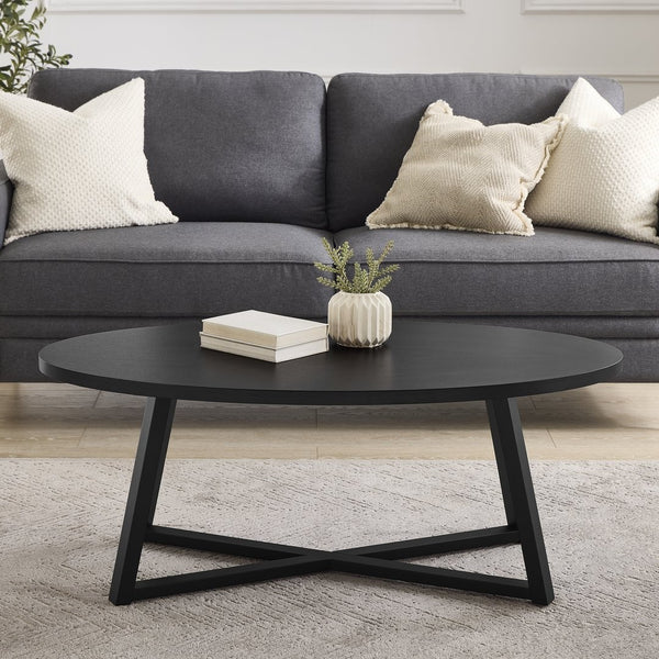 English Elm Modern Oval Coffee Table with Rubberwood Legs Low Profile Minimalist Living Room Black T2574P510860