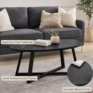 English Elm Modern Oval Coffee Table with Rubberwood Legs Low Profile Minimalist Living Room Black T2574P510860