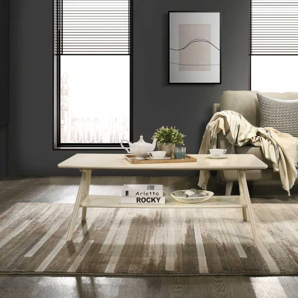 English Elm Arona Mid-century Okume Veneer Coffee Table with Open Shelf for Living Room Off White T2574P510867