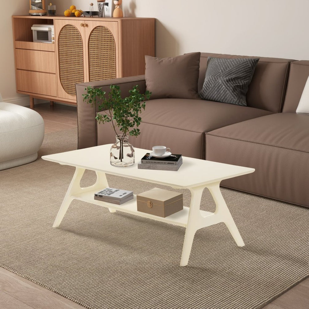 English Elm Arona Mid-century Okume Veneer Coffee Table with Open Shelf for Living Room Off White T2574P510867